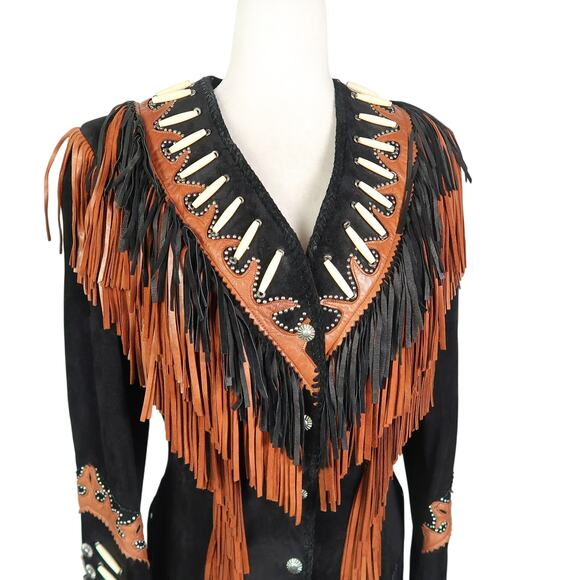 Vintage 90s Diamond Leathers Black Leather Fringe Western Biker Jacket 8 - Picture 2 of 8